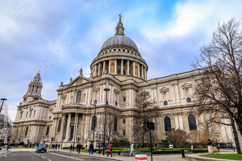 View of the dome of the famous St. Paul's Cathedral in city center on a cloudy day in London, England