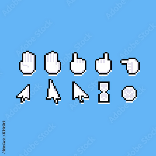 Pixel art cartoon cursor design set.