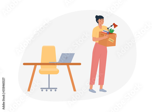 Concept of employee fired from work. Loss job. Dismissed woman carrying box with her things behind her office desk and laptop. Vector flat illustration cartoon isolated on white.