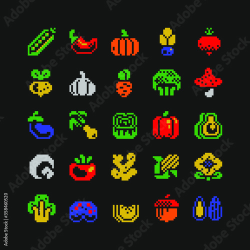 Vegetables pixel art icons set vector illustration. Design for stickers, logo, mobile app. Video game assets 80s 8-bit sprite sheet. Cabbage, pepper, chili, peas, garlic, pumpkin, broccoli, avocado.