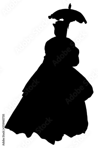 Vászonkép silhouette of a woman wearing a civil war ear dress and holding a parasol