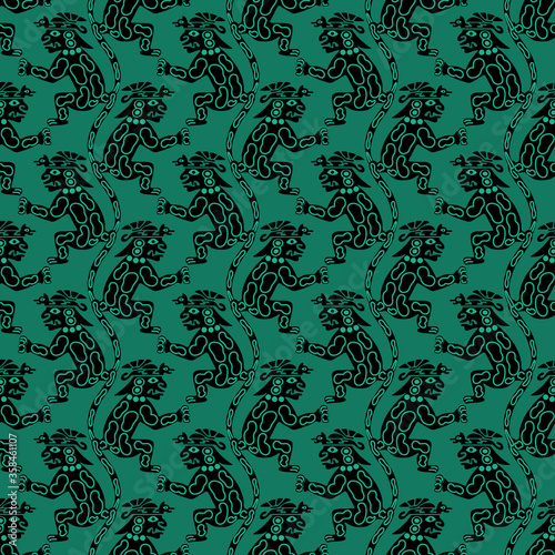 Busy monochrome seamless pattern with Native American motifs from ancient Peru,. Fantastic jaguar shaman. Moche or Mochica Indians mythology.