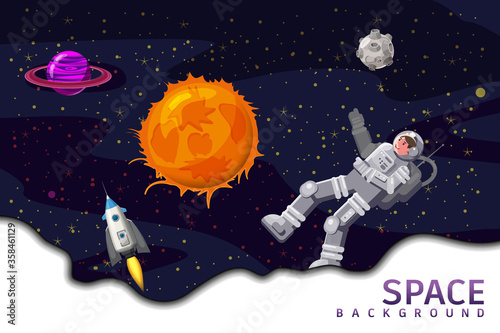 Space card background with spaceman, rocket, sun, planets, stars. Austronaut panoramic space template