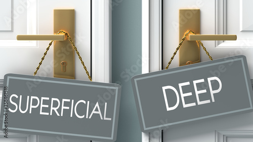 deep or superficial as a choice in life - pictured as words superficial, deep on doors to show that superficial and deep are different options to choose from, 3d illustration