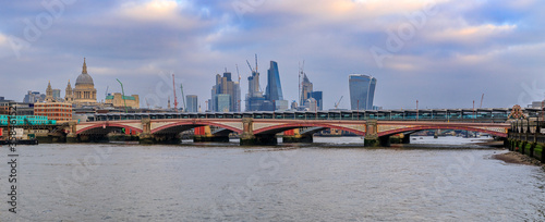 Panorama with skyscrapers like 20 Fenchurch, Leadenhall building, The Scalpel and Blackfriars Bridge in London, England