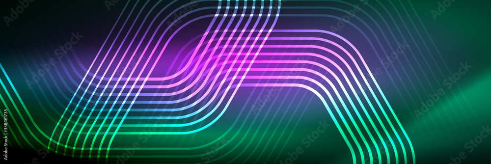 Shiny neon lines, stripes and waves, technology abstract background. Trendy abstract layout template for business or technology presentation, internet poster or web brochure cover, wallpaper Shiny neon lines, stripes and waves, technology abstract background. Trendy abstract layout template for business or technology presentation, internet poster or web brochure cover, wallpaper