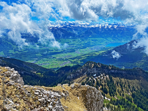 View of the fertile valley with settlemens between the Lakes Alpnachersee and Sarnersee from the Pilatus massif, Alpnach - Canton of Obwalden, Switzerland (Kanton Obwalden, Schweiz) photo