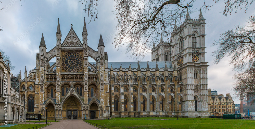 Northern facade of the Westminster Abbey, gothic church and site for royal coronations in London, United Kingdom
