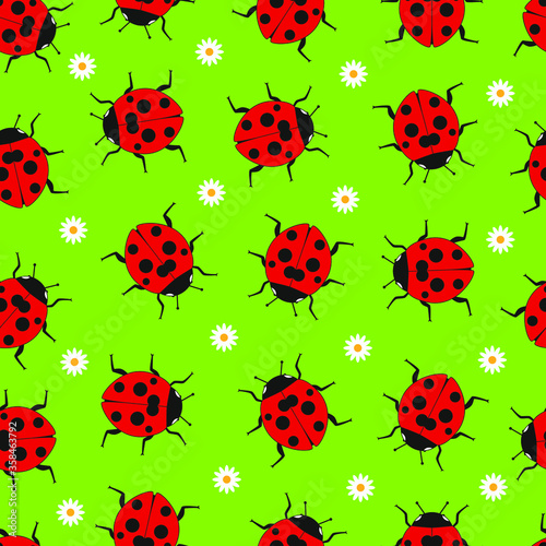 Ladybug and camomile on green background seamless pattern. Vector illustration.