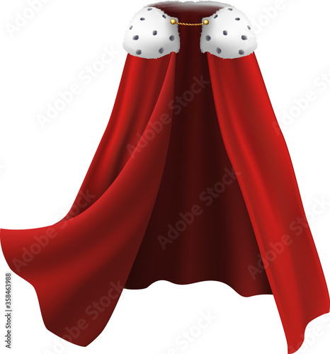 3d realistic cape in red with white fur and golden details. Flowing, wavy fabric for carnival, king and royalty. photo
