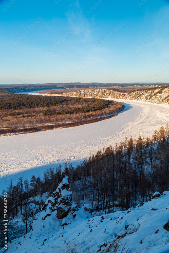 winter landscape with river and mountains