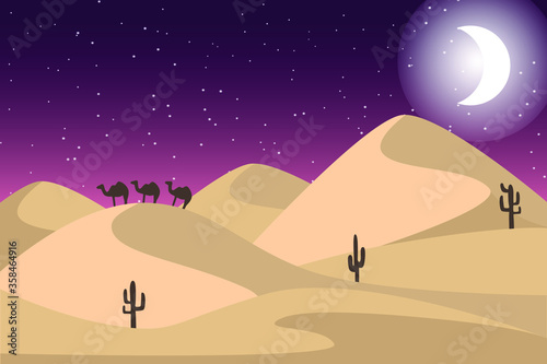 Desert landscape at night. Vector illustration.