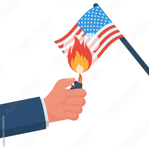Demonstrator sets fire to the American flag. USA flag on fire. The symbol of protest. A sign of uprising against politics and the state. Vector illustration flat design. Isolated on white background.