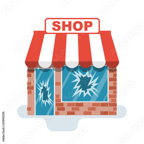 Broken store. Protesters concept. Broken windows and facades of store buildings. Vandalism in the central streets. Vector illustration flat design. Isolated on white background. Cracked glass.