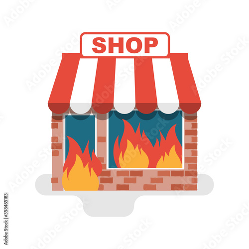 Shop in a fire. Burning store. Flame in store. Protesters concept. Broken windows and facades of store buildings. Vandalism in central streets. Vector flat design. Isolated on white background.