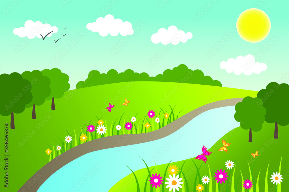 Naklejka premium Spring and summer valley and river background vector illustration.