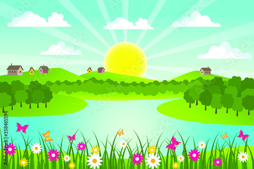 Spring and summer valley and lake background vector illustration.