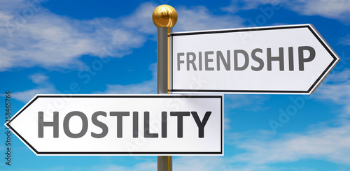 Bilde på lerret Hostility and friendship as different choices in life - pictured as words Hostility, friendship on road signs pointing at opposite ways to show that these are alternative options