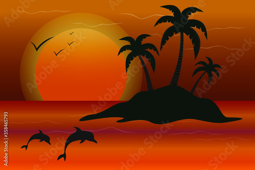Desert island horizon at night. Vector illustration.