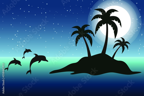 Desert island and dolphins in the moon light. Sea horizon vector illustration.