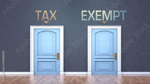 Tax and exempt as a choice - pictured as words Tax, exempt on doors to show that Tax and exempt are opposite options while making decision, 3d illustration photo