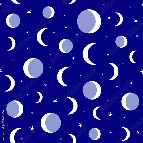 Moon and stars on blue romantic background seamless pattern. Vector illustration. 