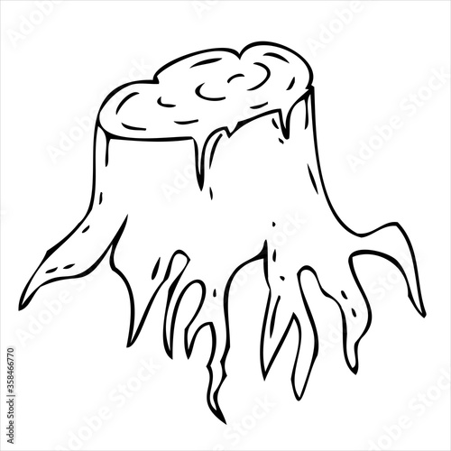 uprooted tree stump, vector doodle element for halloween celebration in black style, black outline