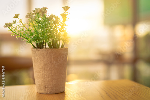 Fake white flowers with green leaves in recycled paper pot on brown wooden table in coffee cafe in the morning with sunshine. Plastic flower in pot. Home office interior and living room decor concept.