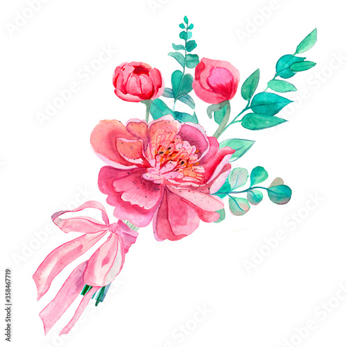 Wallpaper Mural Bright cute elegant bouquet with watercolor peonies and green leaves. Torontodigital.ca