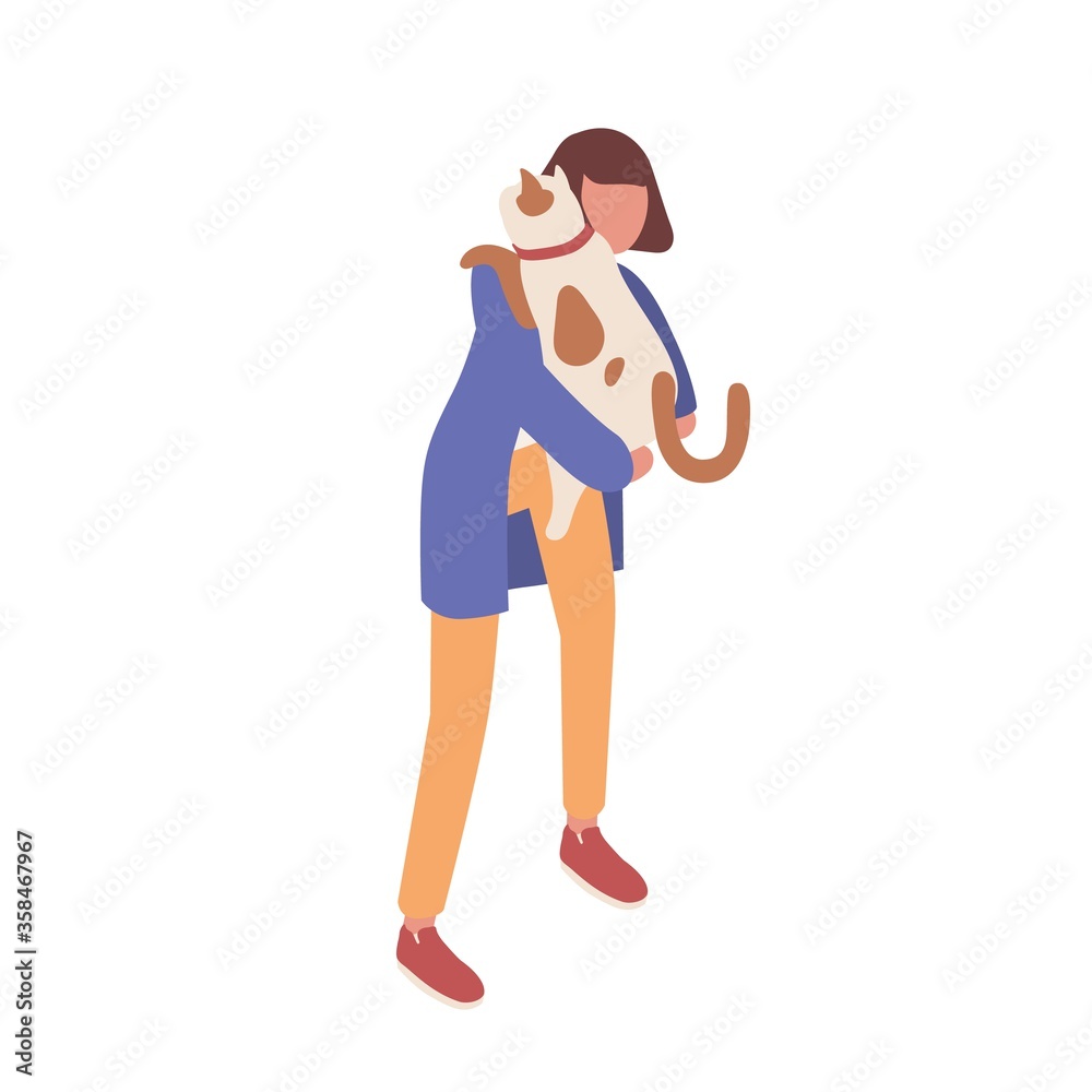 Caring woman hugging cat holding by hands vector isometric illustration. Adorable pet owner with cute domestic animal isolated on white background. Embrace and friendship between female and kitty Caring woman hugging cat holding by hands vector isometric illustration. Adorable pet owner with cute domestic animal isolated on white background. Embrace and friendship between female and kitty