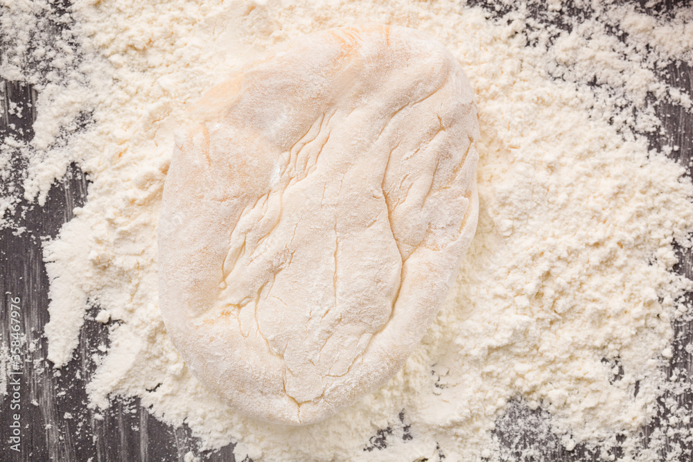 Homemade dough on flour background. Homemade dough on flour background.