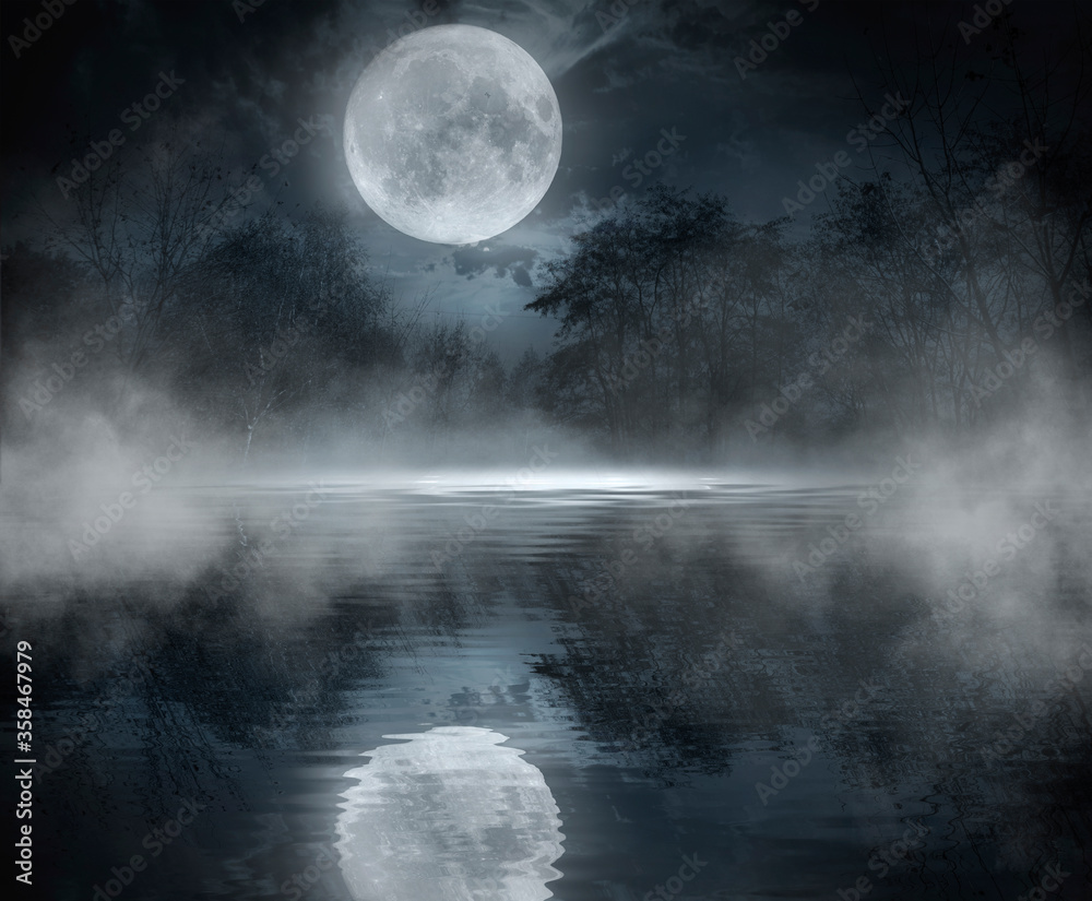 Темный холодный пейзаж с рекой. Зимний фон, отражение на воде лунного  света. Драматическая сцена, дым, смог, туман, снег. Stock Illustration |  Adobe Stock