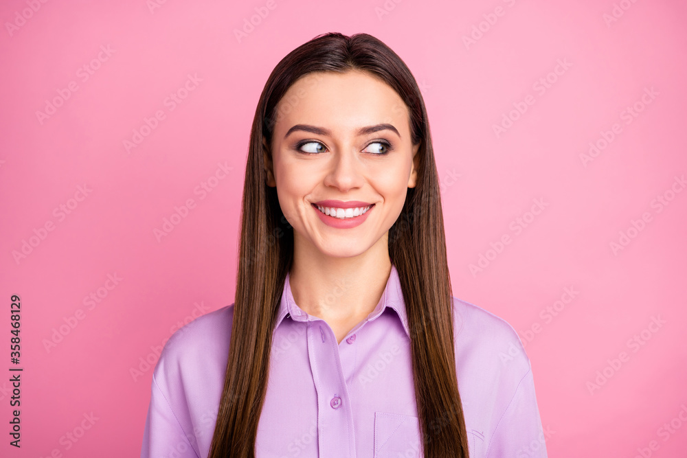 Close-up portrait of her she nice-looking attractive lovely pretty cute cheerful cheery brunet straight-haired girl looking aside guessing idea plan isolated over pink pastel color background Close-up portrait of her she nice-looking attractive lovely pretty cute cheerful cheery brunet straight-haired girl looking aside guessing idea plan isolated over pink pastel color background