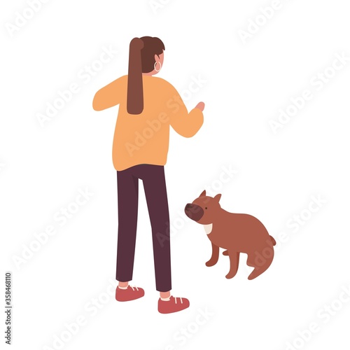 Active female pet owner training her dog vector isometric illustration. Color...