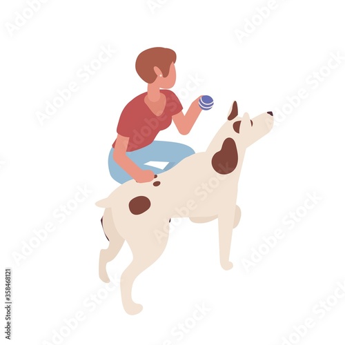 Adorable woman training dog vector isometric illustration. Cute female playing with domestic animal holding ball isolated on white background. Pet and his owner spending time together