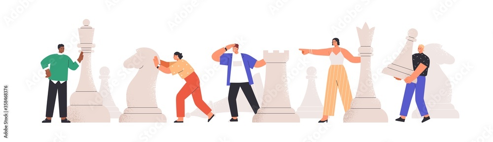 Team of diverse man and woman playing giant chess together vector flat illustration. People planning, thinking and discussing business strategy isolated on white. Concept of tactics and teamwork