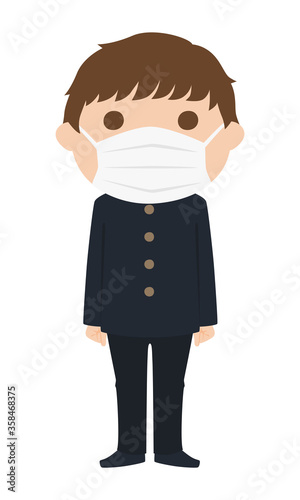 学ランを着てる男子中学生。感染予防の為にマスクをしてるイラスト。