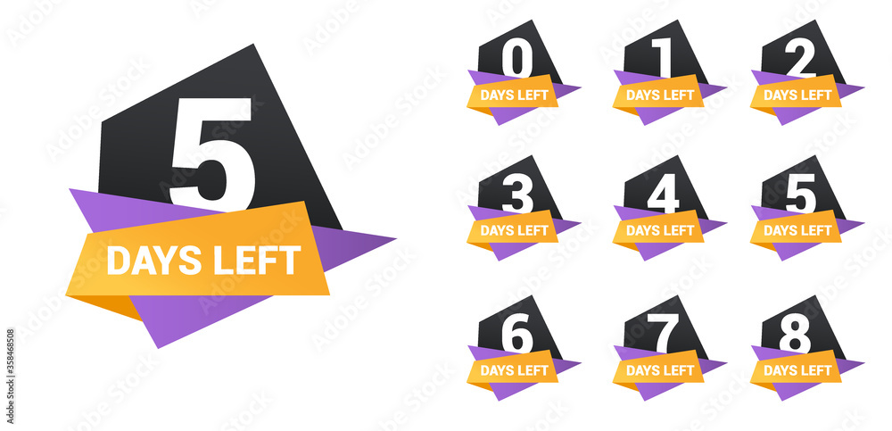 Number days left countdown. Days to go for promotion, sale, landing page, template, ui, web, mobile app, poster, banner, flyer. Vector set number countdown 0 to 9.