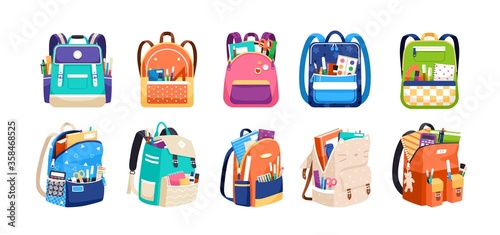Set of childish school backpacks and schoolbags vector illustration. Collection of various kids bags with stationery, notebooks and textbooks isolated on white. Stylish accessories different shapes photo