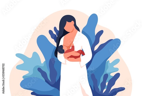 Caring mother feeding baby with breast vector flat illustration. Colorful lovely mom holding infant at abstract leaves background isolated on white. Concept of breastfeeding and maternity