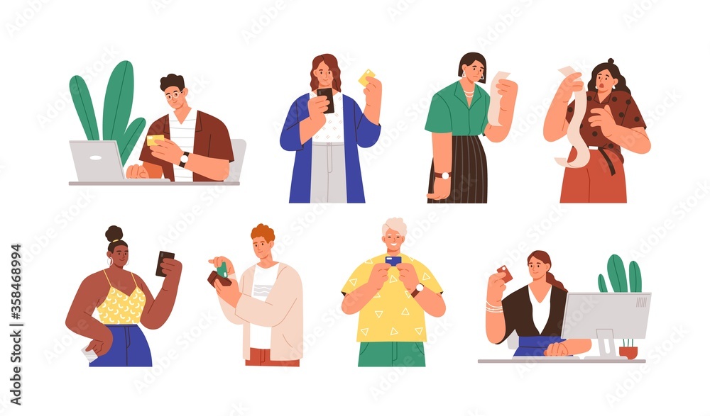Set of diverse people with payment receipts and bank cards vector flat illustration. Collection of man and woman online cashless paying, having large amount at invoice isolated on white background Set of diverse people with payment receipts and bank cards vector flat illustration. Collection of man and woman online cashless paying, having large amount at invoice isolated on white background