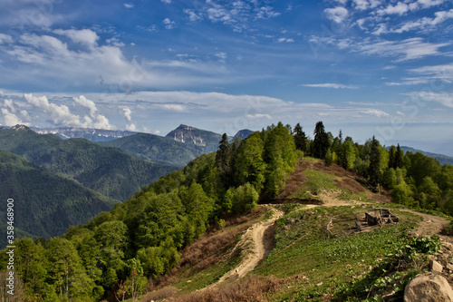 View of the Greater Caucasus Mountains, Georgia. In the background are the mountains Jvari and Migaria.