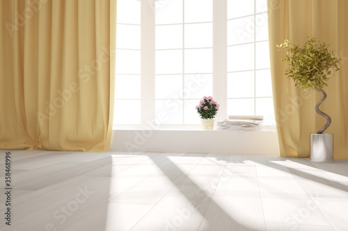 modern room with yellow curtains,plants in pots and magazines interior design. 3D illustration