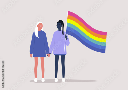 A homosexual lesbian couple holding each other's hands and waving a rainbow flag, Pride month, LGBTQ community, human rights