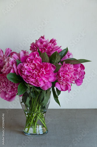 
bouquet of pink peonies in a glass vase on a gray background