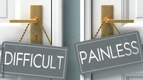 painless or difficult as a choice in life - pictured as words difficult, painless on doors to show that difficult and painless are different options to choose from, 3d illustration