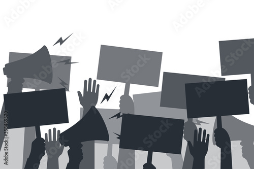 Group of people in protest. Posters and loudspeaker in hands. Fist and hands up. Black silhouettes of people of Protestants. Concept of revolution and conflict. Pictogram crowd of people. Vector flat.