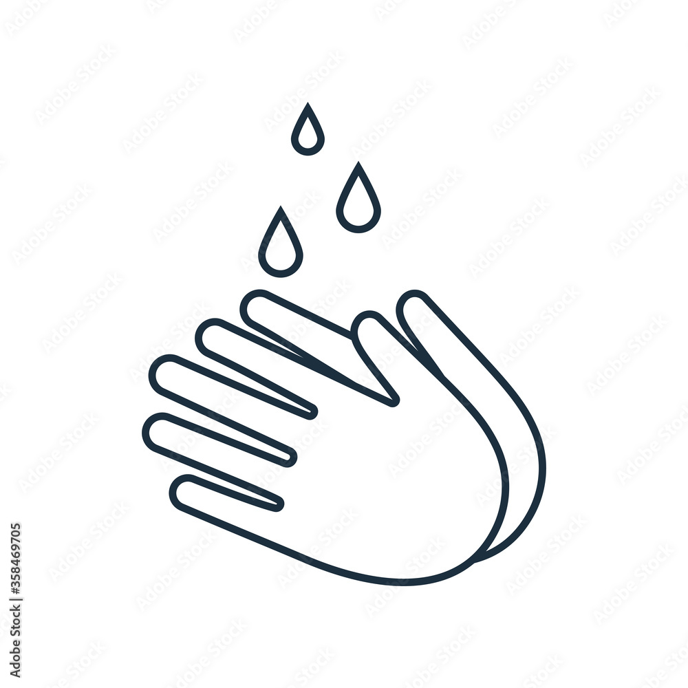 To wash hands black line icon. Drops of water or disinfection on hands. Vector illustration flat design. Personal hygiene. Disinfection, skin care. Antibacterial washing. To wash hands black line icon. Drops of water or disinfection on hands. Vector illustration flat design. Personal hygiene. Disinfection, skin care. Antibacterial washing.