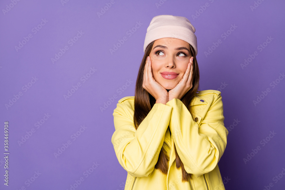 Close-up portrait of her she nice-looking attractive lovely pretty cute sweet charming dreamy cheery girl fantasizing isolated over bright vivid shine vibrant lilac purple violet color background