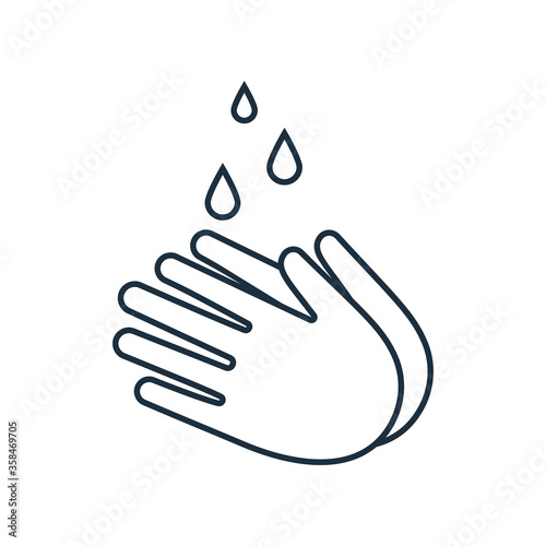 To wash hands black line icon. Drops of water or disinfection on hands. Vector illustration flat design. Personal hygiene. Disinfection, skin care. Antibacterial washing.